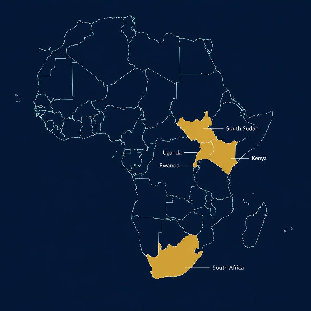 Map of Africa highlighting Kenya, Uganda, Rwanda, South Africa and South Sudan