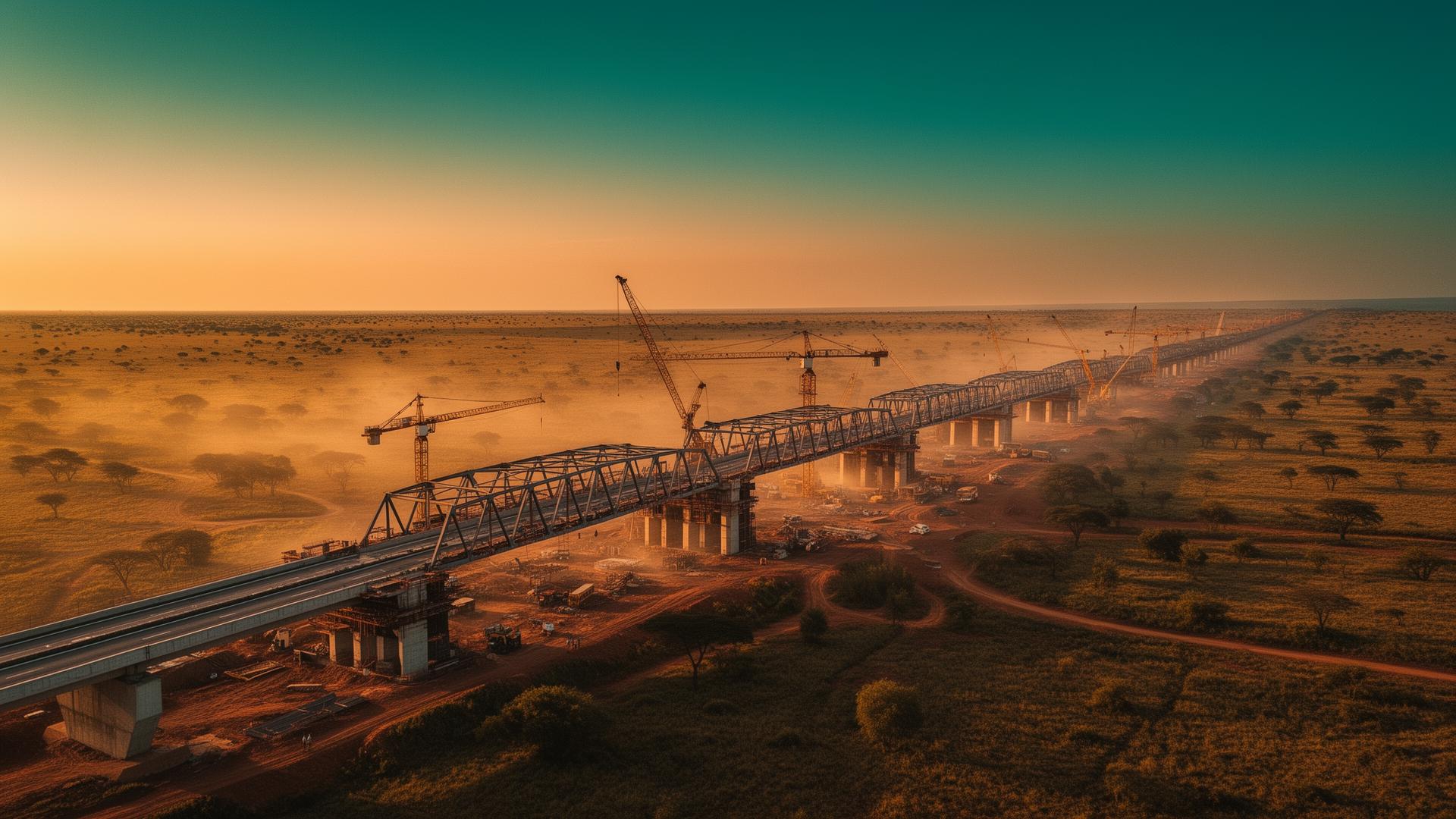 Infrastructure project under construction across an African landscape at golden hour
